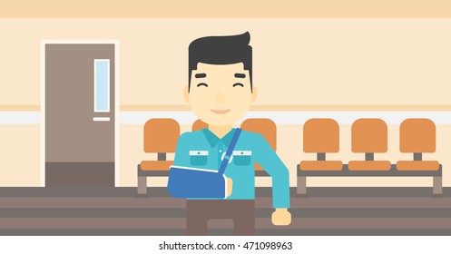 An injured asian man with broken right arm in brace standing in the hospital corridor. Smiling man wearing an arm brace. Vector flat design illustration. Horizontal layout.