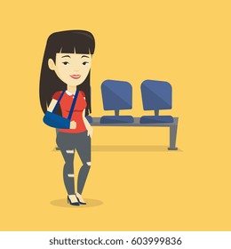 An injured asian woman wearing an arm brace. Young smiling woman standing with her broken right arm. Cheerful woman with broken arm in a cast. Vector flat design illustration. Square layout.