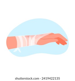 Injured bandaged hand. First aid measure, medical bandage cartoon vector illustration