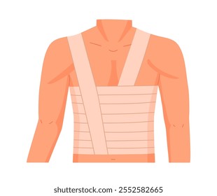 Vendaje de la parte del cuerpo lesionada. Vendaje médico del torso humano, tratamiento de emergencia para dislocaciones, esguinces y daño de tendones Ilustración vectorial plana. Vendaje de lesión de dibujos animados