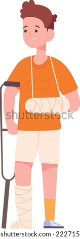 Injured boy with broken bones and limb bandages isolated on white background