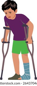Menino ferido usando muletas vetor de desenhos animados