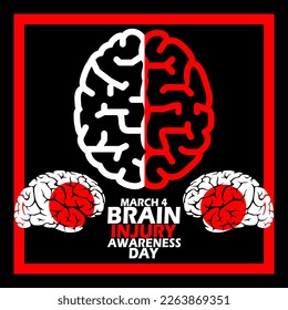 Injured brain icon and bold text in frame on black background to commemorate Brain Injury Awareness Day on March 4