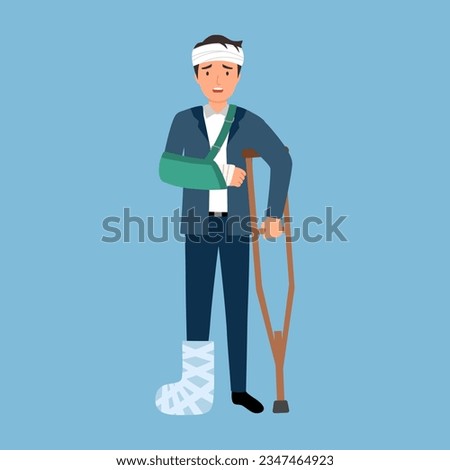 Injured businessman bandages crutches wearing arm sling in flat design. Accident at work.