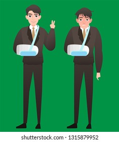 An injured businessman wearing an arm brace in Feel bad and feel good . Businessman with broken arm in sling. Full length of business man with broken arm. Vector flat design illustration isolated ,