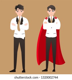 An injured businessman wearing an arm brace in Feel bad and feel good . Businessman with broken arm in sling. Full length of business man with broken arm. Vector flat design illustration isolated