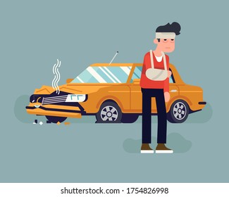 Injured In A Car Accident Driver Standing In Front Of His Wrecked Car. Driving Safety Flat Vector Concept Illustration