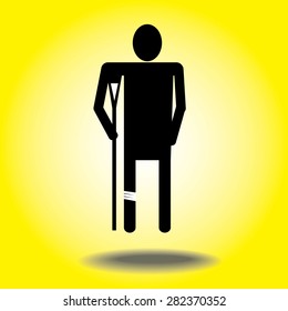injured cartoon businessman in bandage with crutches.leg pain