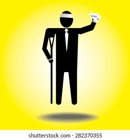 injured cartoon businessman in bandage with crutches.Money dollar
