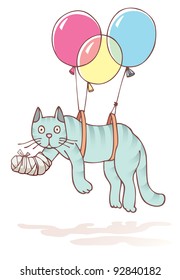 Injured cat with the damaged paw in a bandage is flying with air balloons.