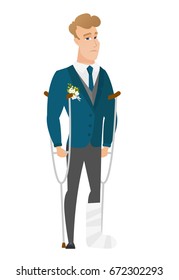 Injured caucasian bridegroom with broken leg on crutches. Groom with broken leg in bandages. Full length of bridegroom with broken leg. Vector flat design illustration isolated on white background.