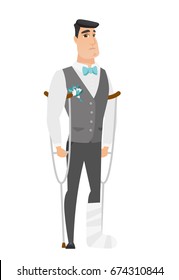 Injured caucasian bridegroom with broken leg on crutches. Groom with broken leg in bandages. Full length of bridegroom with broken leg. Vector flat design illustration isolated on white background.