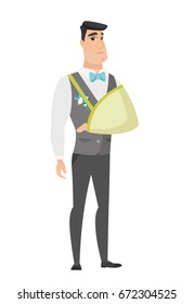 Injured caucasian bridegroom wearing an arm brace. Bridegroom with broken arm in sling. Full length of young bridegroom with broken arm. Vector flat design illustration isolated on white background.