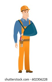 An injured caucasian builder wearing an arm brace. Young builder with broken arm in sling. Full length of builder with broken arm. Vector flat design illustration isolated on white background.