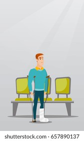 Injured caucasian man with leg in plaster. Man with broken leg using crutches. Young man with fractured leg standing in the hospital corridor. Vector flat design illustration. Vertical layout.