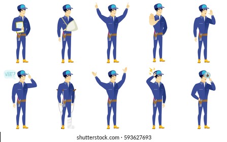 Mecânico caucasiano ferido usando chave de braço. Mecânico com braço quebrado em tipoia. Comprimento completo de jovem mecânico com braço quebrado. Conjunto de ilustrações de design plano vetorial isoladas sobre fundo branco.