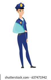 Injured caucasian police woman wearing an arm brace. Police woman with broken arm in sling. Full length of police woman with injured arm. Vector flat design illustration isolated on white background.