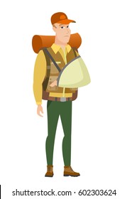 Injured caucasian traveler wearing an arm brace. Traveler with broken arm in sling. Full length of young traveler with broken arm. Vector flat design illustration isolated on white background.