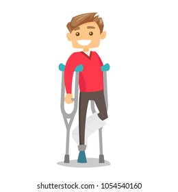 Injured caucasian white man with broken leg in gypsum using crutches. Young man with fractured leg standing with crutches. Vector cartoon illustration. Square layout.