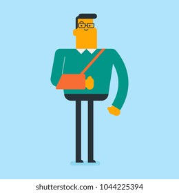 Injured caucasian white man wearing an arm brace. Full length of a young patient with broken arm in a bandage. Vector cartoon illustration. Square layout.