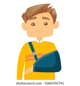 Injured caucasian white man wearing an arm brace. Full length of a young patient with broken arm in a bandage. Vector cartoon illustration isolated on white background. Square layout.