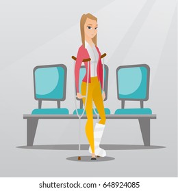 Injured caucasian woman with leg in plaster. Woman with broken leg using crutches. Young woman with fractured leg standing in the hospital corridor. Vector flat design illustration. Square layout.