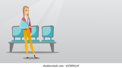 Injured caucasian woman wearing an arm brace. Full length of young smiling woman with broken right arm. Cheerful woman with broken arm in a cast. Vector flat design illustration. Horizontal layout.