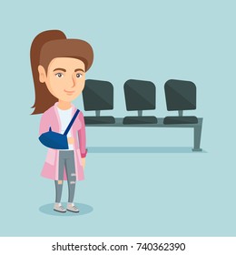 Injured caucasian woman wearing an arm brace because of broken arm. Full length of a young woman with broken arm. Woman with a broken arm in a bandage. Vector cartoon illustration. Square layout.
