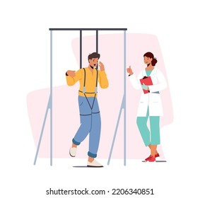 Injured Character with Disabilities Apply Treatment or Physical Rehabilitation. Doctor Help Patient To Stand After Injury Or Medical Operation During Physio Therapy. Cartoon People Vector Illustration