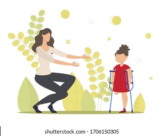 Injured Child, Kid With Disability Rehabilitation, Family Support Trendy Flat Vector Concept. Little Girl With Leg Amputation Walking With Crutches, Woman Wants To Hug Disabled Daughter Illustration