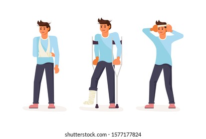 A Injured disabled man with a broken leg, a dislocated arm and a headache isolated on white set. Flat Art Vector Illustration