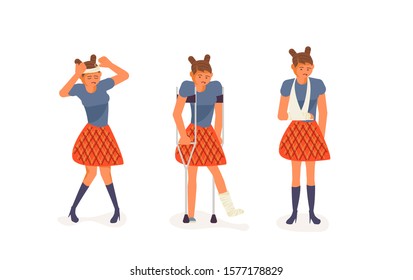 A Injured disabled woman with a broken leg, a dislocated arm and a headache isolated on white set. Flat Art Vector Illustration