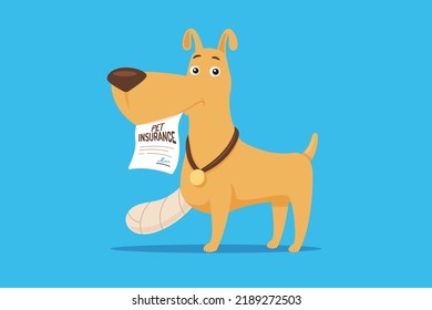 Injured dog holding pet insurance contract in mouth vector cartoon flat illustration