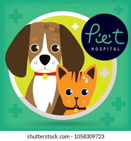 An injured dog with plaster pad on his head and a sick orange cat in green yellow circle badge on green background. Cute hand written text "Pet". Perfect logo for pet hospital and health care shop 