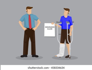 Injured employee with crutches and leg plaster cast showing employer medical insurance claim document. Cartoon vector illustration on medical insurance for work injury concept.