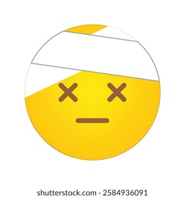 Injured face emoji. Bandaged yellow icon. Crossed eyes expression. Wounded emoticon vector.