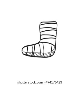 Injured foot icon in doodle sketch lines. Gypsum cast medical health broken leg