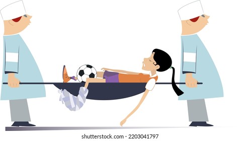 Injured football player woman, two physicians with a stretcher. 
Two physicians carry injured football player woman with bandage on the leg in a stretcher. Isolated on white background
