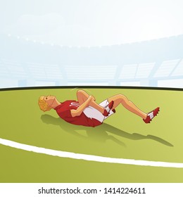 Injured footballer lying on ground flat vector illustration. Football player simulating cartoon character. Soccer player in red uniform holds hurt leg and shouts in pain. Football field background