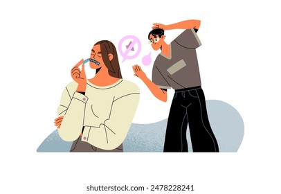 Injured girl don't want communication with boyfriend. Misunderstanding, conflict in couple, quarrel in relationship. Problem in conversation with offended. Flat isolated vector illustration on white