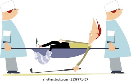 Injured golfer, two physicians with a stretcher illustration. Two physicians carry injured golfer man with bandage on the leg in a stretcher isolated on white background