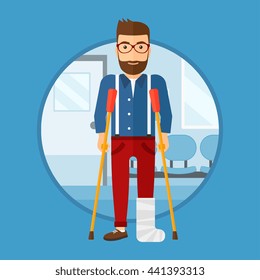 An injured hipster man with leg in plaster. Man with broken using crutches. Man with fractured leg in the hospital corridor. Vector flat design illustration in the circle isolated on background.