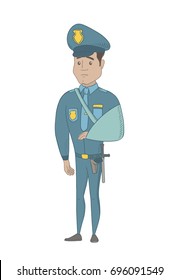 Injured hispanic policeman wearing an arm brace. Young policeman with broken arm in sling. Full length of policeman with injured arm. Vector sketch cartoon illustration isolated on white background.