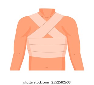 Torso humano ferido. Tórax e costelas encurvadas, tratamento de emergência para entorses e lesão de tendão na ilustração de vetor plano. Cartoon de bandagem de lesão física