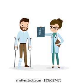 Injured male character and female doctor with leg x-ray,caucasian man on crutches isolated on white background,flat vector illustration