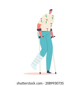 Injured Male Character Stand on Crutches with Bandaged Leg. Correction of Lost Physical Body Abilities with Therapeutic Help. Rehabilitation Disabled Physiotherapy. Cartoon People Vector Illustration