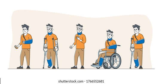 Injured Male Characters Stand in Row. Man on Wheelchair with Bandaged Head, Patients with Broken Hand and Leg, Handicapped Person on Crutches with Feet Bandage. Linear People Vector Illustration