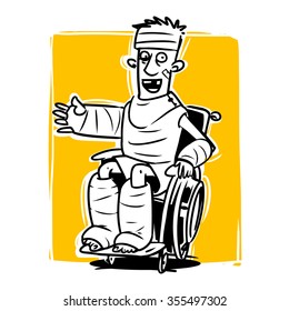 injured man with a bandaged head, leg cast, arm sling and neck brace. cartoon illustration