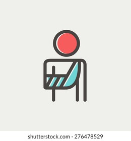 Injured man in bandages icon thin line for web and mobile, modern minimalistic flat design. Vector icon with dark grey outline and offset colour on light grey background.