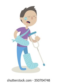 An injured man with crutch and casts on leg and arm. Safety concept. Vector illustrations. Isolated on transparent background.
